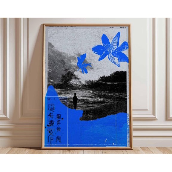 Surreal Blue Abstract Modern Japanese Minimalist Nature Contemporary Graphic Design Wall Art Print, Unframed Paper Poster 8x10in