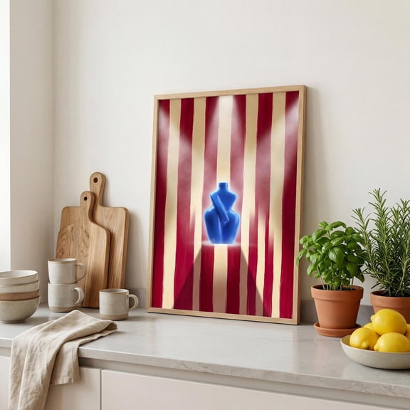 Surreal Blue Vase Bold Red Stripes Eclectic Maximalist Wall Art
