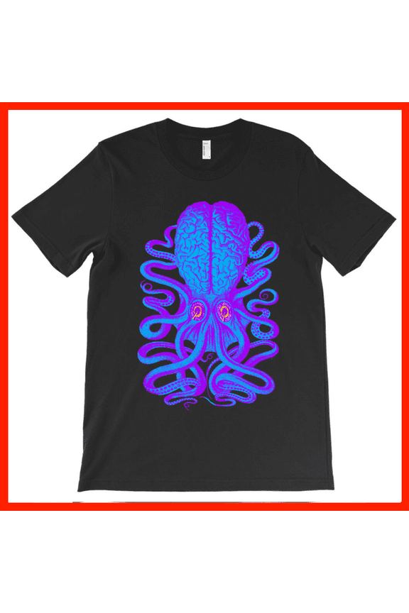 Surreal Brain Octopus T-Shirt - Neon Blue & Purple Psychedelic Tentacle Tee AH1057, Premium for Unisex - Extended Sizes Up to 5XL