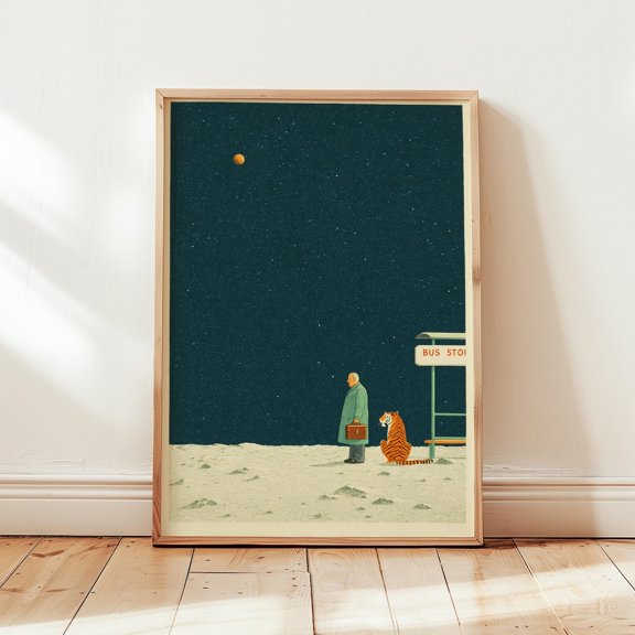 Surreal Bus Stop Wall Art Japanese Style Night Illustration Vintage Decor Room Interior