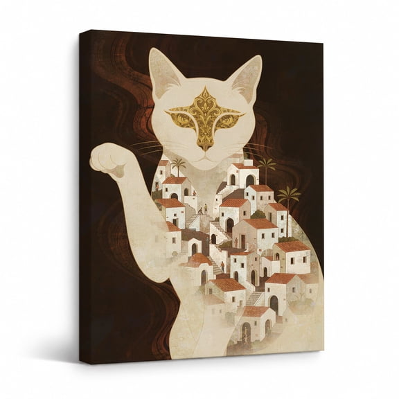 Surreal Cat Canvas Wall Art, Fantasy Village Painting, Whimsical Animal Wall Decor for Living Room Bedroom Office 18"*24"