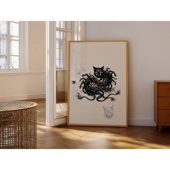 Surreal Cat With Multiple Eyes Intricate Tentacles And Abstract Forms Monochromatic Fantasy Creature Illustration Unique Wall Art