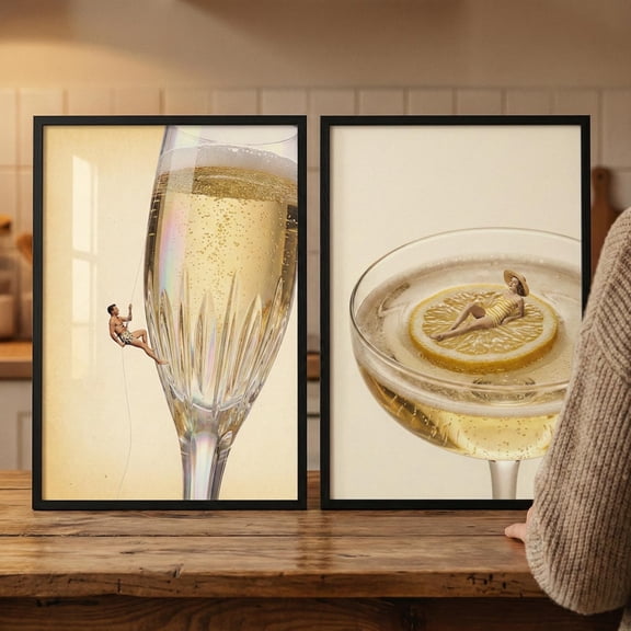 Surreal Champagne Wall Art Tiny People Cocktail Art Whimsical Bar Cart Decor Set 2 Unframed Paper Print 8x12