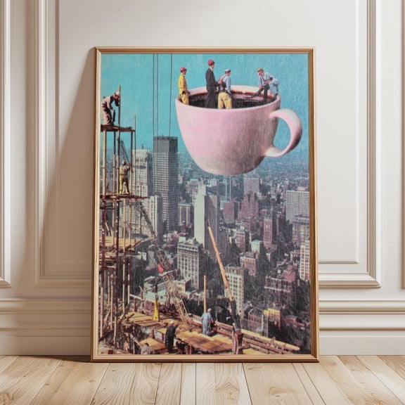 Surreal Coffee Construction Vintage Collage Poster UNFRAMED PAPER POSTER, Home Decor