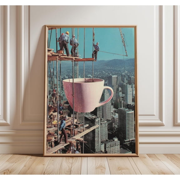 Surreal Coffee Cup Construction Poster Vintage Collage Wall Art Home Decor Office Wall Art
