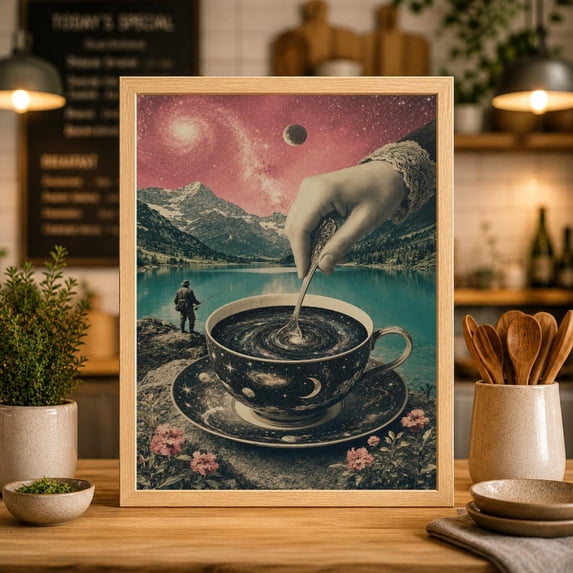 Surreal Coffee Universe Poster, Galaxy Teacup Art Print, Vintage Cosmic ...
