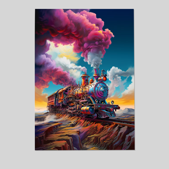 Surreal Colorful Steam Train Wall Art, Vibrant Fantasy Locomotive Poster, Psychedelic Cloud Landscape Decor Full Size 24''x36'' The Golden Shop