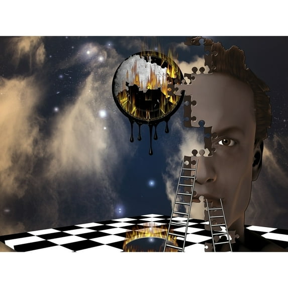 Surreal Composition. Burning Time and face made from puzzle pieces Poster Print by Bruce Rolff/Stocktrek Images (17 x 11