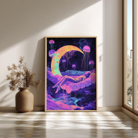 Surreal Cosmic Dreams Poster, Wall Art Print, Levitating Figure Moon Art, Trippy Home Decor, Poster Only