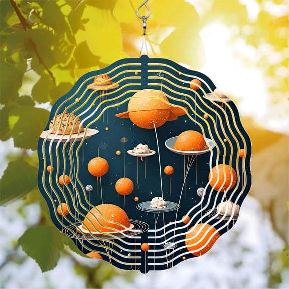 Surreal Cosmic Metal Hanging Wind Spinners - Orange Planet Design with Whimsical Energy Streams for Yard & Garden Decor