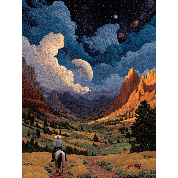 Surreal Cowboy Horse Under Galaxy Saturn Canvas Print, Desert Canyon Western Cosmic Home Wall Decor Art
