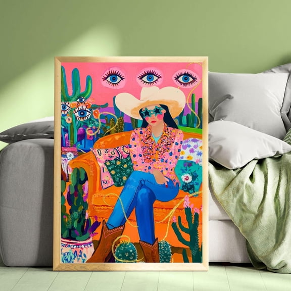 Surreal Cowgirl Art Print – Funky Western Wall Art – Pink Maximalist Decor – Eclectic Eye Flower Poster – Cactus Desert Print Wall Art, Modern Wall Decor, 8x12 UNFRAMED