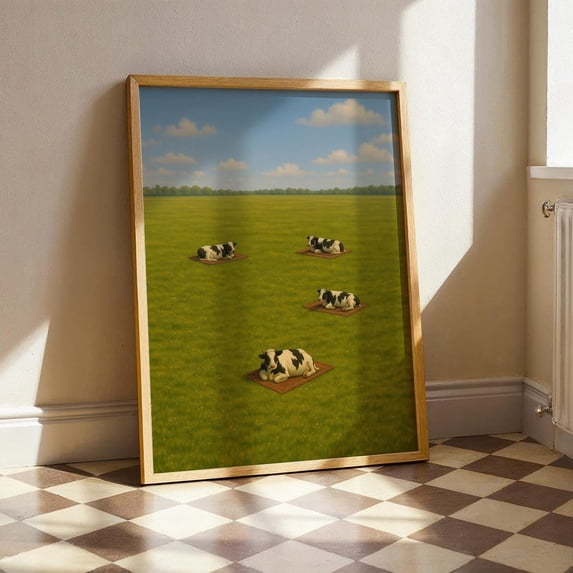 Surreal Cows On Carpets Wall Art Print, Whimsical Farm Field And Animal ...