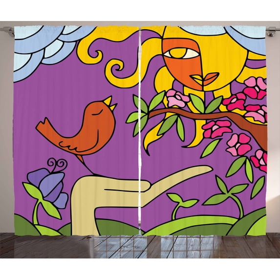 Surreal Curtains 2 Panels Set, Abstract Design of Sun with a Face of a Young Lady and a Tweeting Bird in Spring, Window Drapes for Living Room Bedroom, 108W X 90L Inches, Multicolor, by Ambesonne