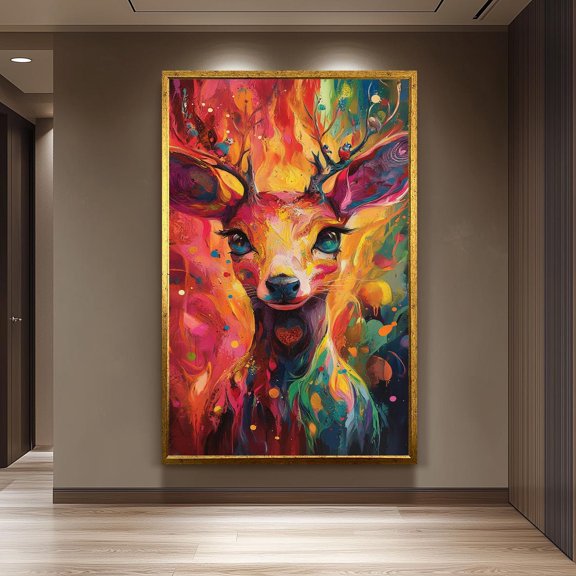 Surreal Deer Wall Art Print Abstract Rainbow Forest Animal Home Decoration, Unframed Canvas 8x10in