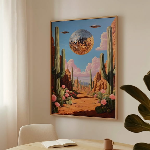 Surreal Desert Disco Art, Cactus And Ufo Print, Retro Futuristic Wall Decor, Southwest Aesthetic Poster Wall Art, Modern Wall Decor, 8x12 UNFRAMED