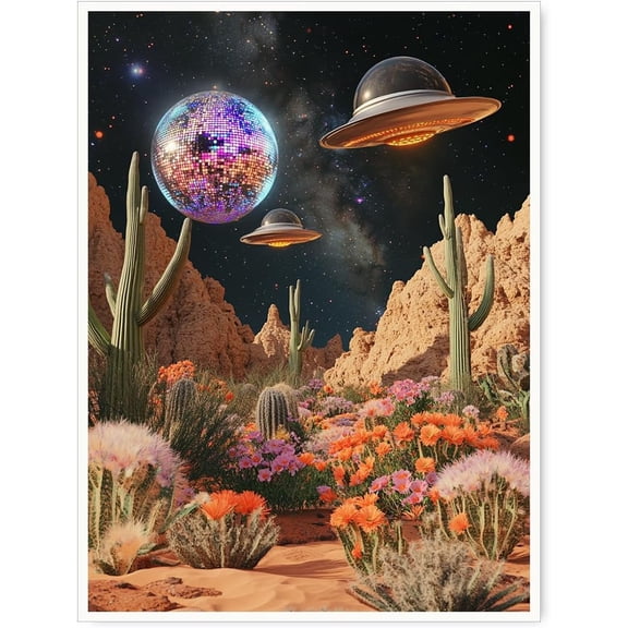 Surreal Desert Disco Poster Funky Cactus UFO Canvas Print Retro Futuristic Wall Art Southwest Aesthetic Decor for Apartment or Trendy Lounge-11x14Inch Ready to Hang (Unframed)
