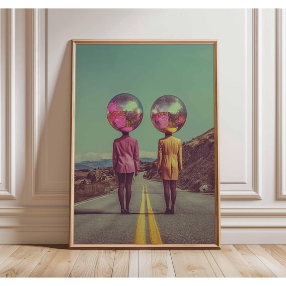 Surreal Disco Ball Head Poster Retro Funk Wall Art Print Colorful 80s Road Artwork Funky M
