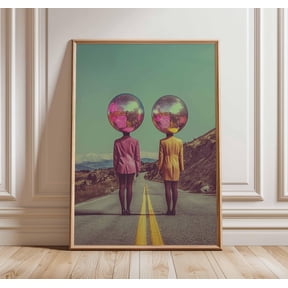 Surreal Disco Ball Head Poster, Retro Funk Wall Art Print, Colorful 80s Road Artwork, Funky Modern Pop Art Decor, Unique Music Lover Gift, Poster Only