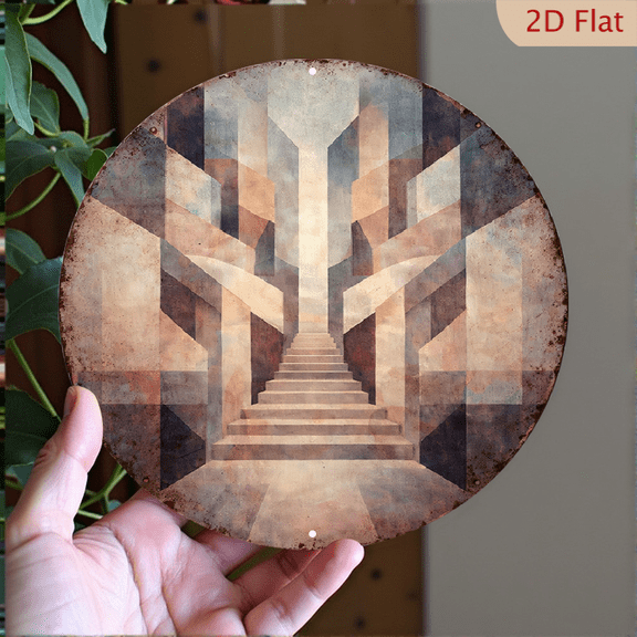Surreal Escher Style Architectural Wall Art, Round Aluminum Metal Print, 8x8 Inch Geometric Staircase Decor