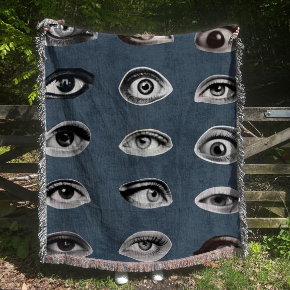 Surreal Eye Woven Cotton Throw Blanket with Fringe, Blue Art Accent