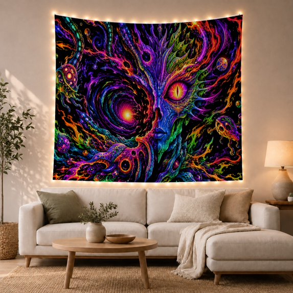 Surreal Face with Cosmic Vortex and Nebula Patterns Energetic Psychedelic for Gamers, Abstract Space Art, Halloween Gift, Tapestry Wall Hanging for Gaming Room and Bedroom