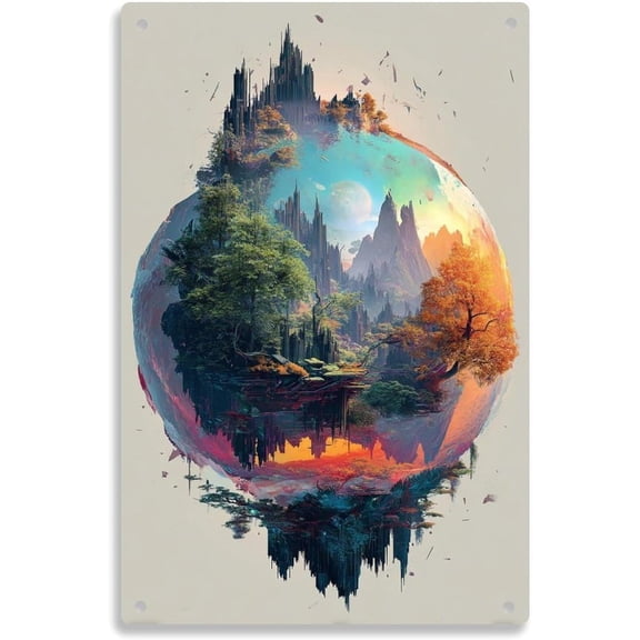 Surreal Fantasy Landscape Floating Island Vintage Sci-Fi Metal Tin Sign, Aesthetic Wall Decor for Home, Bedroom, Kitchen, Bar, Dorm or Bathroom, 8 x 12 Inch