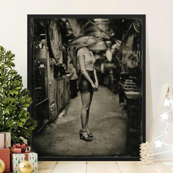 Surreal Fish Head Woman Art Print Vintage Grunge Art Eclectic Oddity Wall Decor Home Decor Office Wall Art