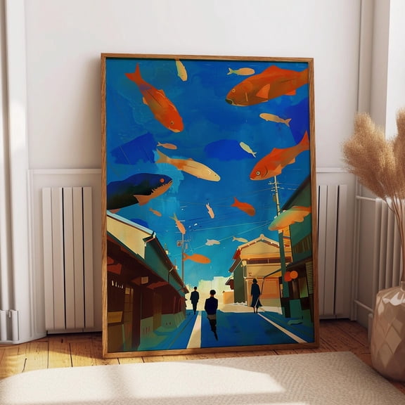 Surreal Fish In Sky Print - Japanese Street Abstract - Floating Fish Blue-Themed Wall Art Room Decor Wall Art, Modern Wall Decor, 24x36 UNFRAMED