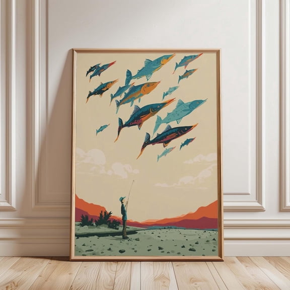 Surreal Fishing Wall Art Fisherman Sky Landscape Home Decor