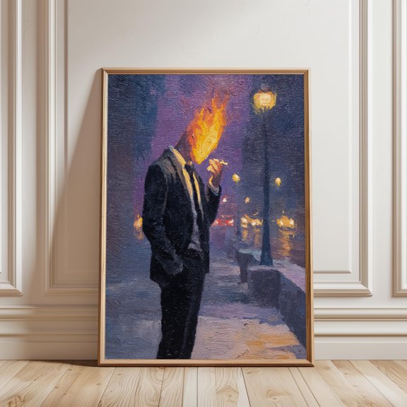 Surreal Flaming Head Man Art Print Rainy City Street Dark Wall Decor Home Decor Office Wall Art