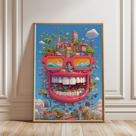 Surreal Floating City Illustration: Smiling Face With Pink Sunglasses Vibrant Fantasy Landscape Print, Unframed Paper Print