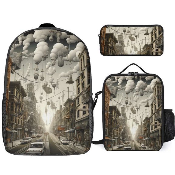 Surreal Floating Cloud City Backpack Bookbag Students Bags S Rucksack Lunch Bag Pen Bag Three-Piece Set
