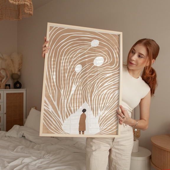 Surreal Flowing Lines Wall Art, Abstract Neutral Tones Artwork With Silhouette, Minimalist For Contemporary Spaces Wall Art, Modern Wall Decor, 16x24 UNFRAMED