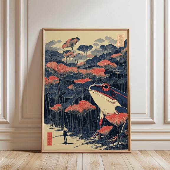 Surreal Forest Frog Giant Red Illustration Whimsical Nature Art Print Unframed Paper Print