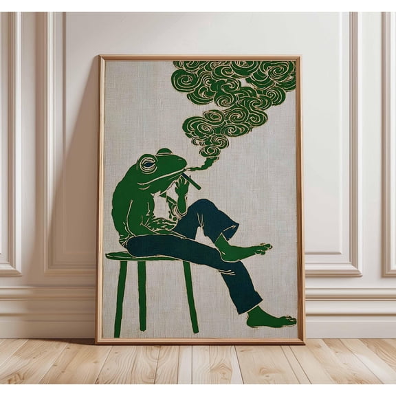 Surreal Frog Art Print, Vintage Japanese Style Poster, Whimsical Animal Wall Art, Retro Amphibian Illustration, Funky Home Decor