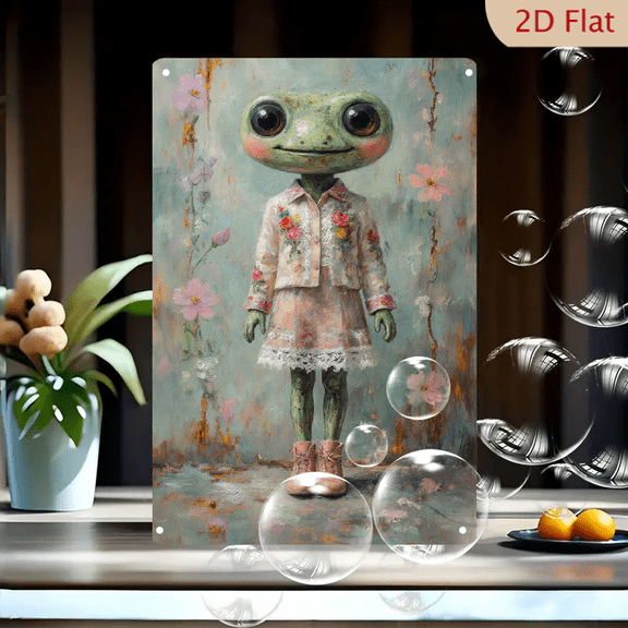 Surreal Frog Toad Girl Art Print 8x12 inch Metal Wall Decor, Whimsical Painterly Fantasy with Cream Jacket & Roses, Dreamlike Garden Teal Blue Background for Living Room Home Office