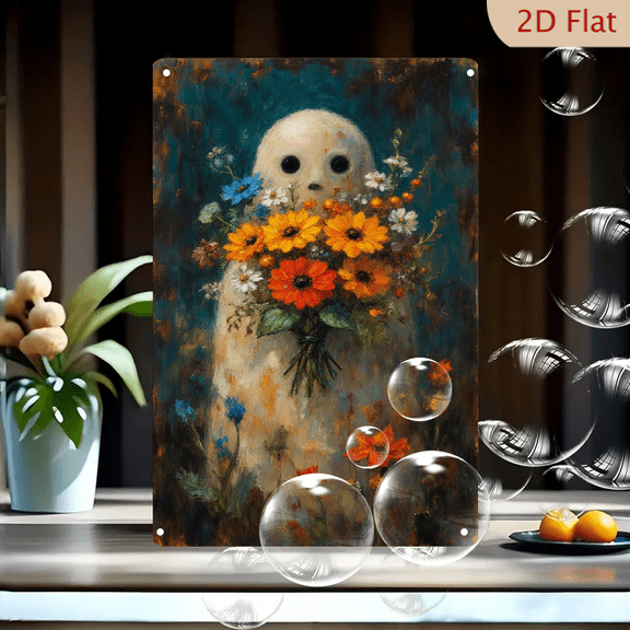 Surreal Ghost in Wildflowers Oil Painting Wall Art, 8x12 Inches Metal Tin Sign, Folk Art Eerie Figure with Sunflowers and Poppies for Home Decor