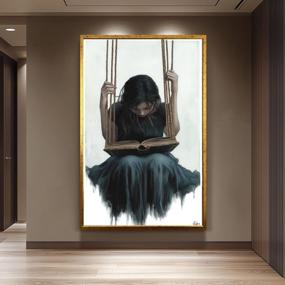 Surreal Girl Reading Book Print Dreamlike Fantasy Art, Unframed Canvas 16x20in