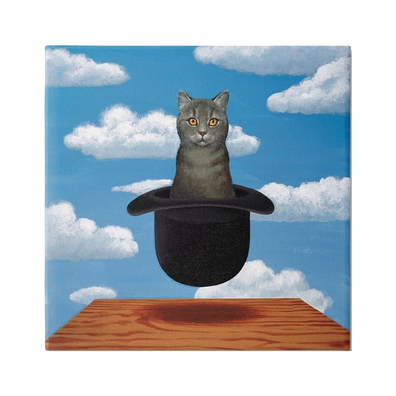 Surreal Grey Cat Floating Hat Cloudy Sky Animals & Insects Painting Gallery-Wrapped Canvas Print Wall Art