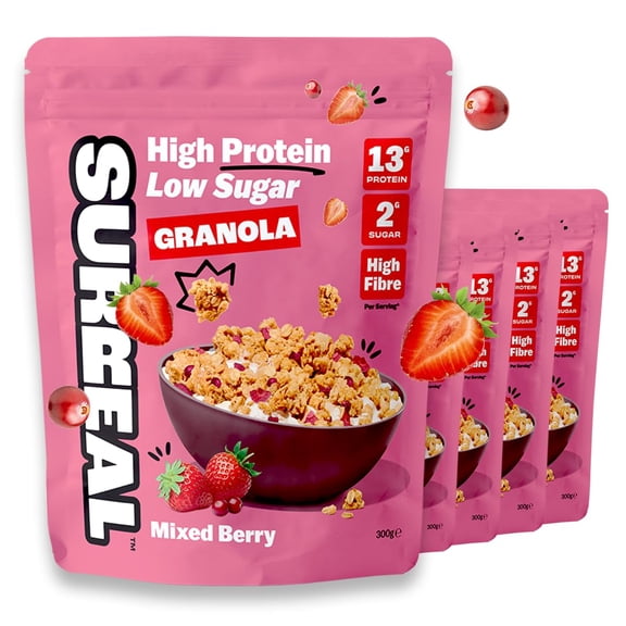 Surreal High Protein Low Sugar Granola - 13g Protein Vegan Snack or Breakfast Cereal - High Fibre, Plant-Based Granola Clusters 300 g (5 Packs, Mixed Berry)