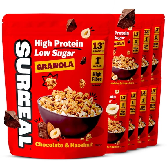 Surreal High Protein Low Sugar Granola - 13g Protein Vegan Snack or Breakfast Cereal - High Fibre, Plant-Based Granola Clusters 300 g (8 Packs, Chocolate & Hazelnut)