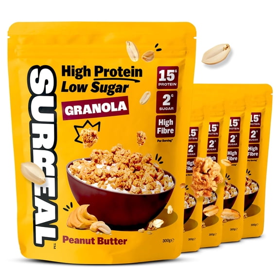 Surreal High Protein Low Sugar Granola - 15g Protein Vegan Snack or Breakfast Cereal - High Fibre, Plant-Based Granola Clusters 300 g (5 Packs, Peanut Butter)