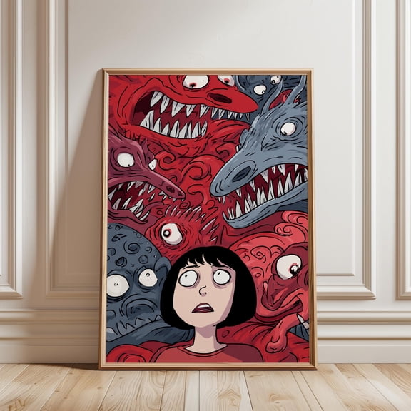 Surreal Horror Cartoon Print Frightened Girl Sharp Tooth Monsters Gothic Wall Art