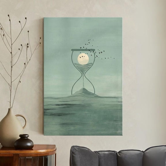 Surreal Hourglass Sage Green Moon Decor Flying Birds Flock Ocean Waves Time Concept Serene Nature Abstract Wall Art Print
