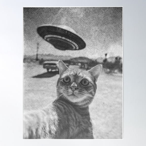 Surreal Image: Cat And Ufo Poster Wall Art, Modern Wall Decor For Living Room Bedroom, 24x36 UNFRAMED