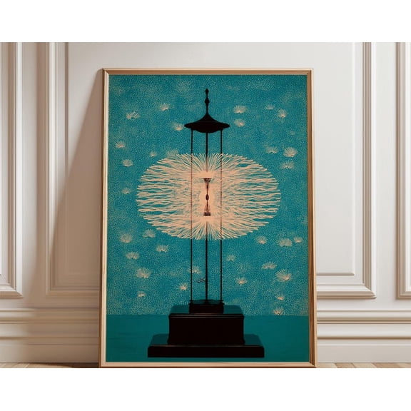 Surreal Kinetic Tower Teal Gold Botanical Retro Futurist Sci Fi Wall Art Print, Unframed Paper Poster 24x36in