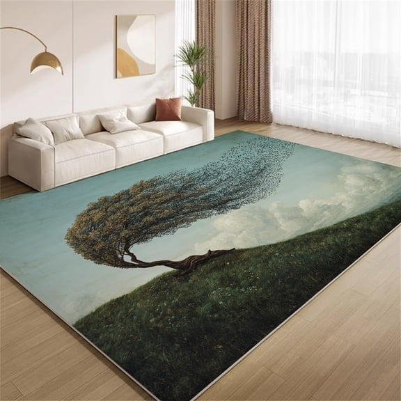 Surreal Landscape Area Rugs, Windy Tree Bird Carpet, Washable Non Slip Low Pile Soft Rug for Living Room Bedroom Decor Mat 2x3ft