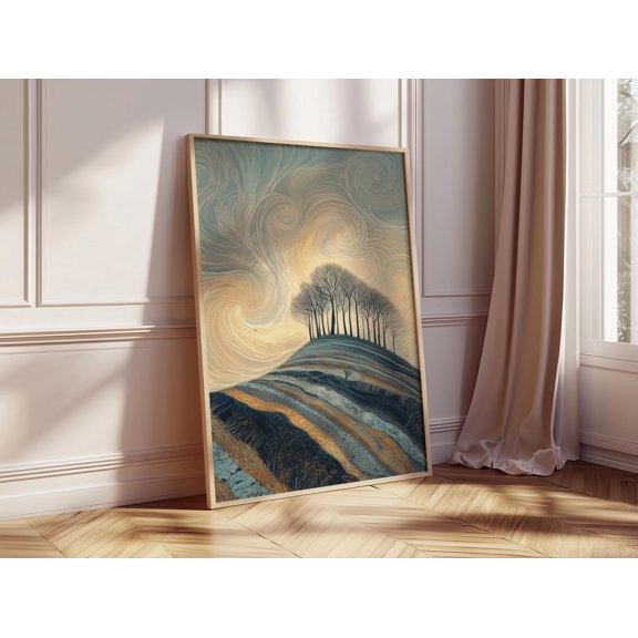 Surreal Landscape Art Print, Swirling Sky Hill Poster, Nature Wall Art, Dreamy Tree Silhouette Painting, Serene Modern Decor, Poster Only