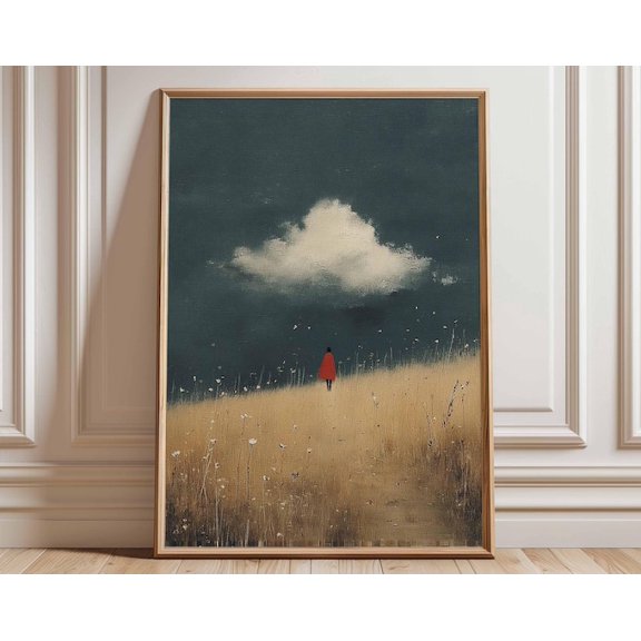Surreal Landscape Dreamy Cloud Figure In Field Wall Art Print, Unframed Paper Poster 24x36in
